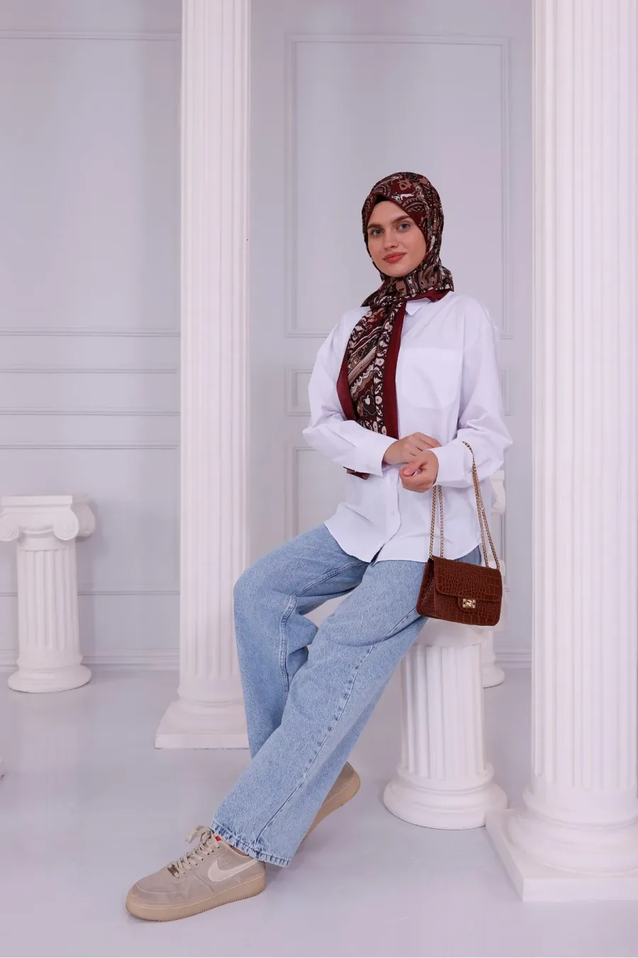 Retro Desenli Kadın Şal Bordo Estascarf