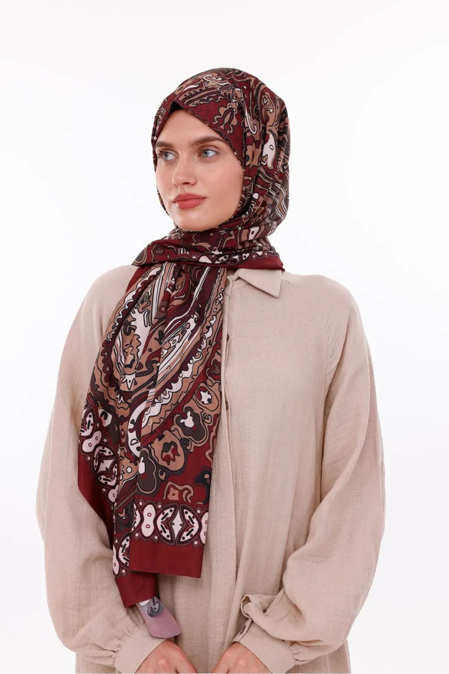 Retro Desenli Kadın Şal Bordo Estascarf