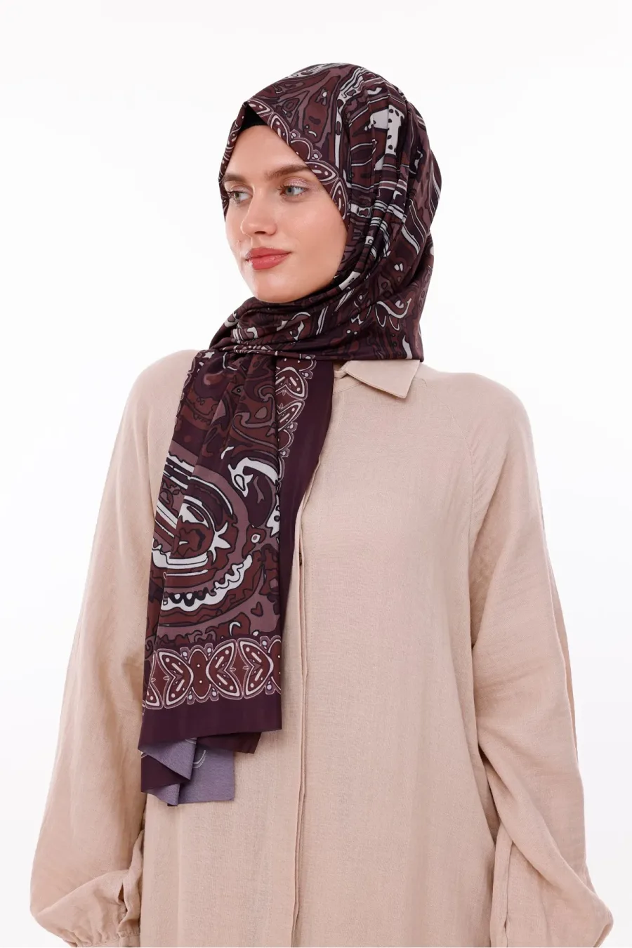 Retro Desenli Kadın Şal Bordo Estascarf