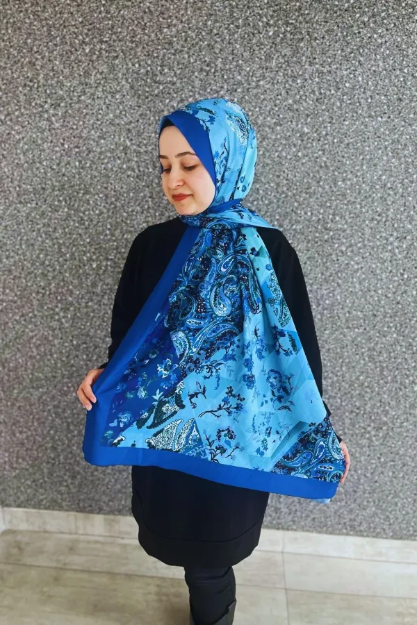 Retro Desenli Kadın Şal Mavi Estascarf