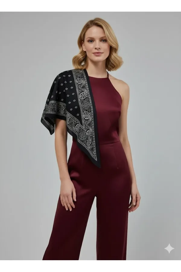 Saray Motif Siyah Üçgen Fular Bandana Estacraft - 100x45 cm