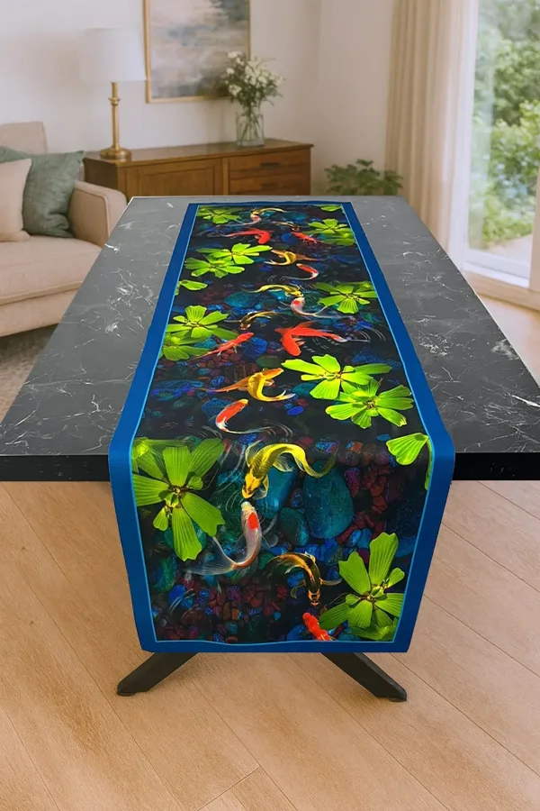 Su Bahçesi – 3D Balık ve Nilüfer Desenli Masa Runner & 4'lü Supla Takımı