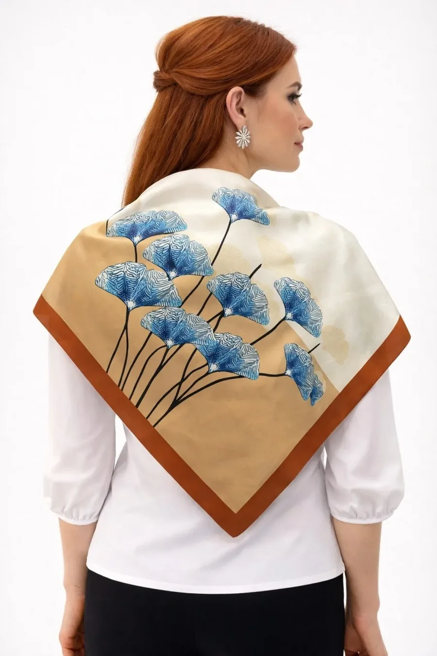 Tarzını Seç Kahverengi Ginkgo Fular / Bandana / Aksesuar 48x48 cm