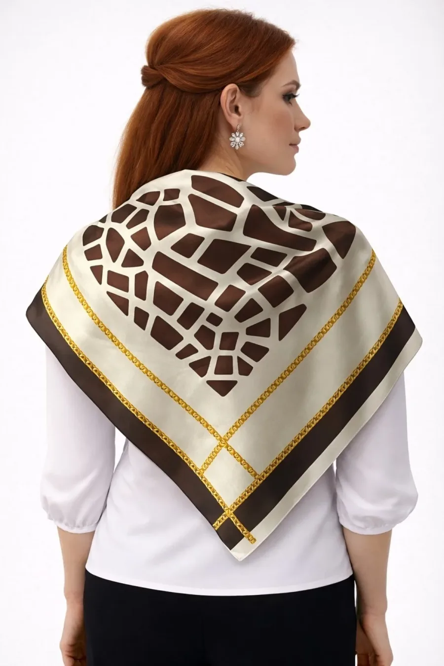 Tarzını Seç Kahverengi Mozaik Zincir Fular / Bandana / Aksesuar / Eşarp 90x90 cm