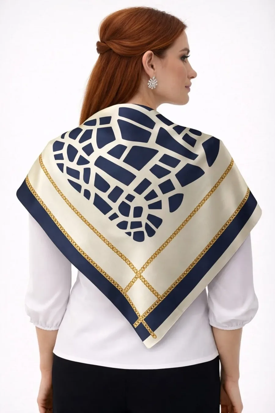 Tarzını Seç Lacivert Mozaik Zincir Fular / Bandana / Aksesuar / Şal / Eşarp 70x70