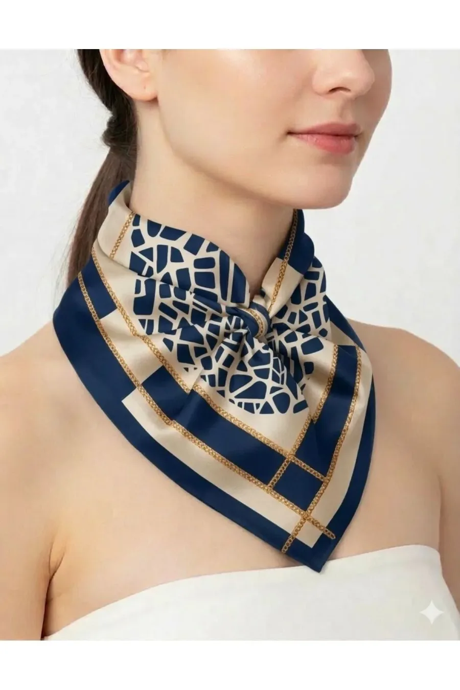 Tarzını Seç Lacivert Mozaik Zincir Fular / Bandana / Aksesuar 48x48 cm