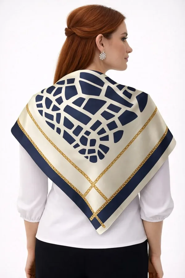 Tarzını Seç Lacivert Mozaik Zincir Fular / Bandana / Aksesuar / Eşarp 90x90 cm