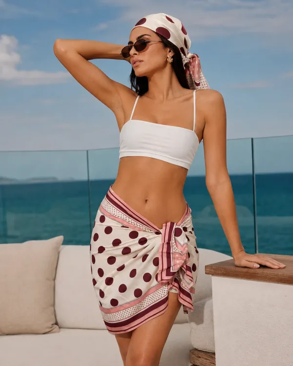 Tarzını Seç Premium Bordo Puantiye Desenli 2'li Kısa Pareo ve Bandana Seti 150x50 cm / 70x70 cm