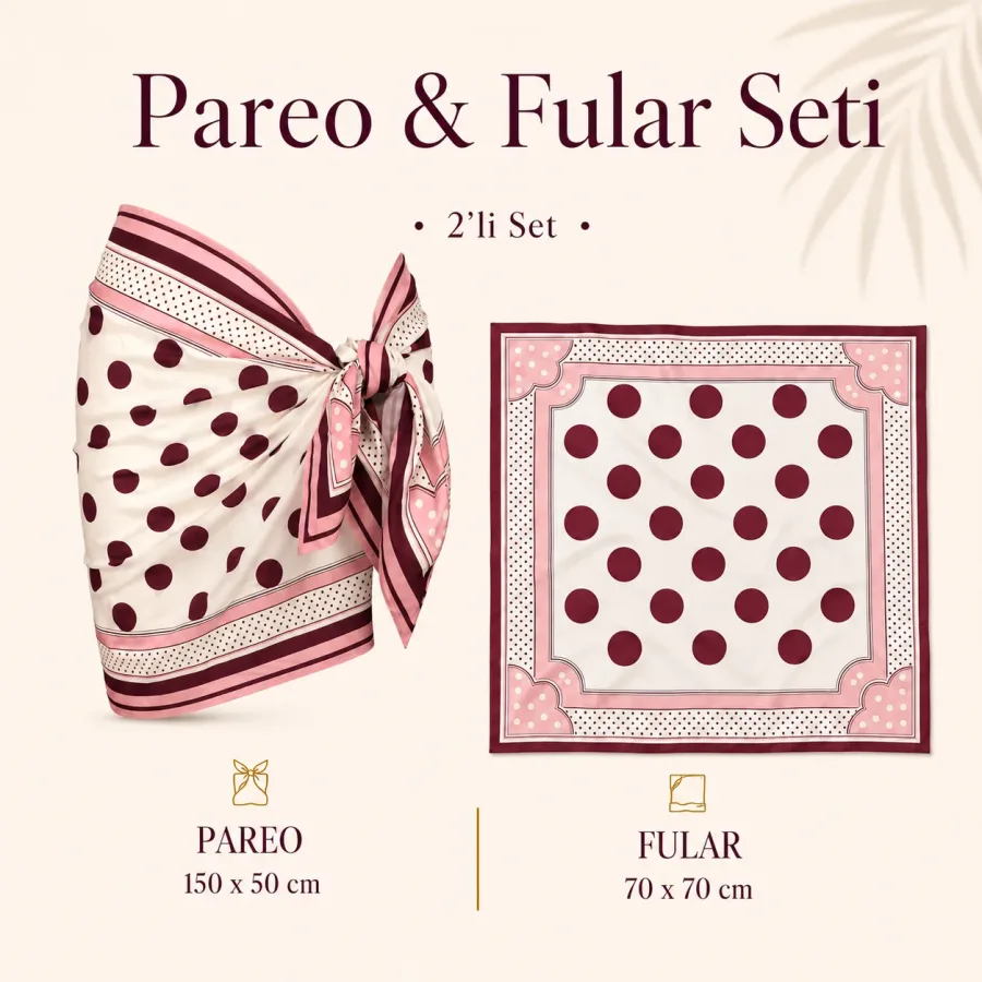 Tarzını Seç Premium Bordo Puantiye Desenli 2'li Kısa Pareo ve Bandana Seti 150x50 cm / 70x70 cm