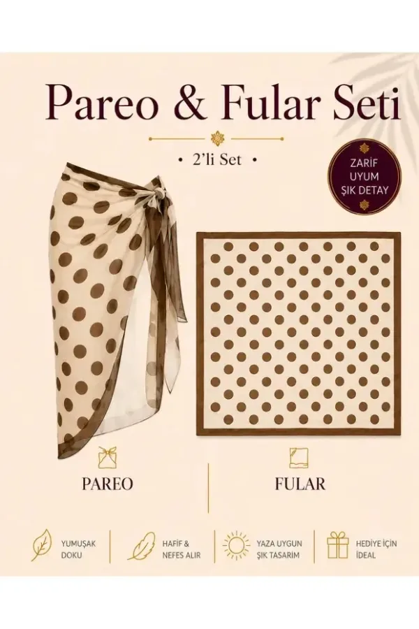 Tarzını Seç Premium Kahverengi Puantiyeli 2'li Yırtmaçlı Bağlamalı Pareo ve Bandana Seti 155x111 cm / 70x70 cm