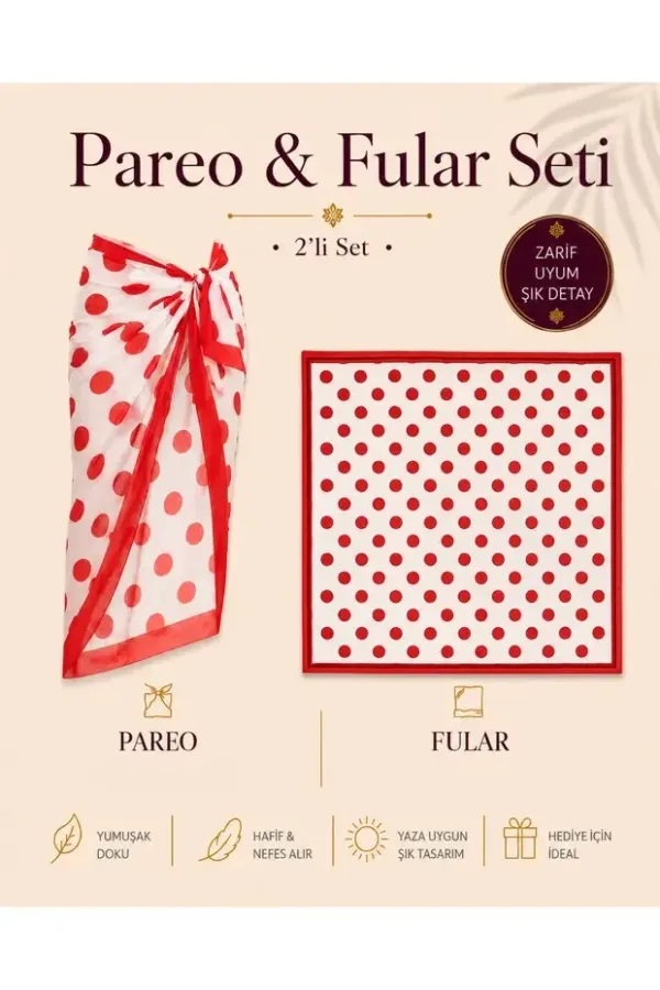 Tarzını Seç Premium Kırmızı Puantiyeli 2'li Yırtmaçlı Bağlamalı Pareo ve Bandana Seti 155x111 cm / 70x70 cm
