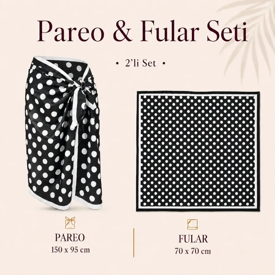 Tarzını Seç Premium Siyah Beyaz Puantiye Desenli 2'li Pareo ve Bandana Seti 150x95 cm / 70x70 cm