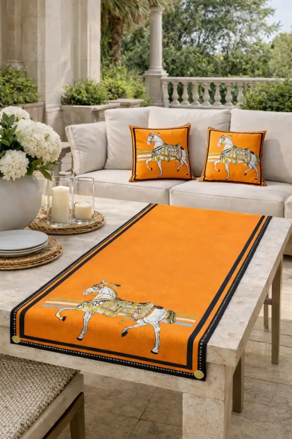 Tarzını Seç Royal At Desenli Salon Dekoru 2 Adet Kırlent Kılıfı (40x38) 1 Adet Runner (40x140) Set Tarzını Seç Royal At Desenli Salon Dekoru 2 Adet Kırlent Kılıfı (40x38) 1 Adet Runner (40x140) Set