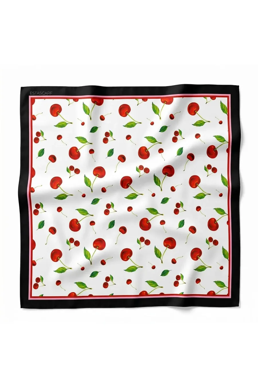 Tarzını Seç Siyah Çerçeveli Kiraz Desenli Fular / Bandana 70x70 cm