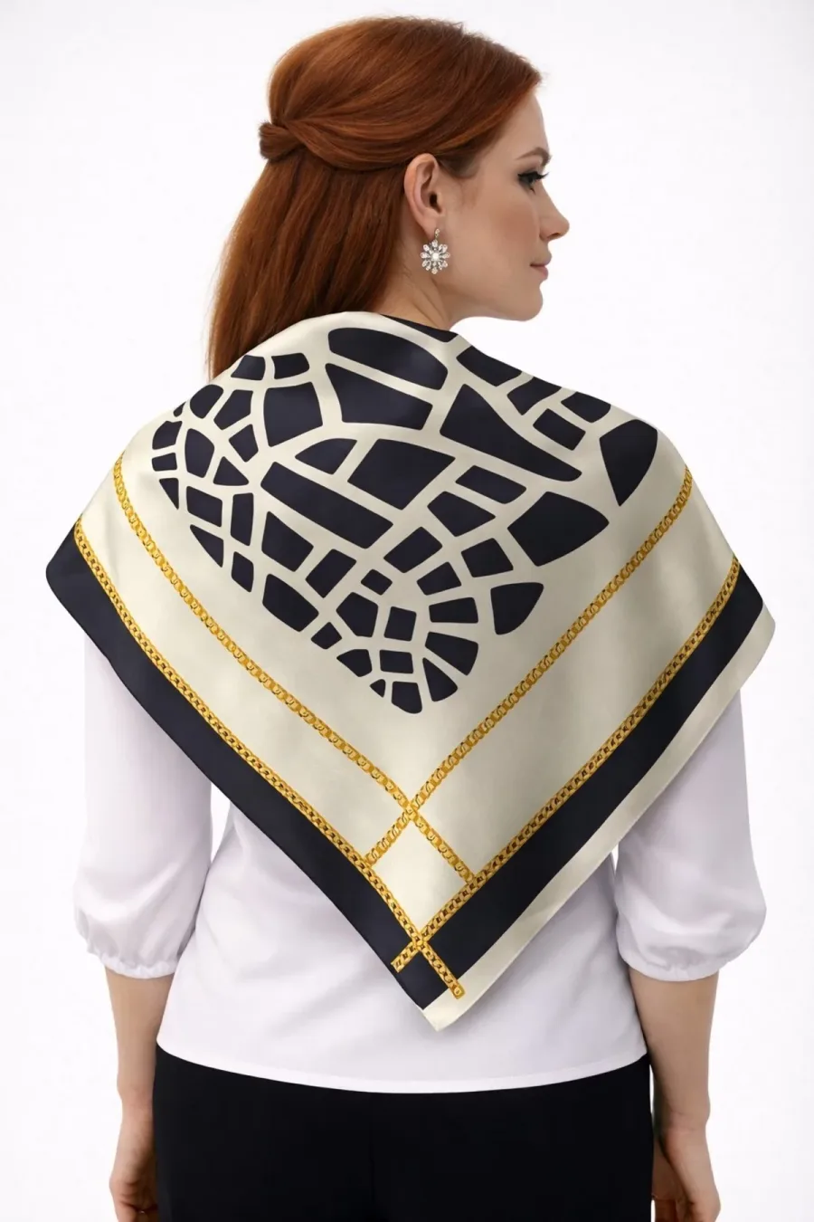Tarzını Seç Siyah Mozaik Zincir Fular / Bandana / Aksesuar / Şal / Eşarp 70x70