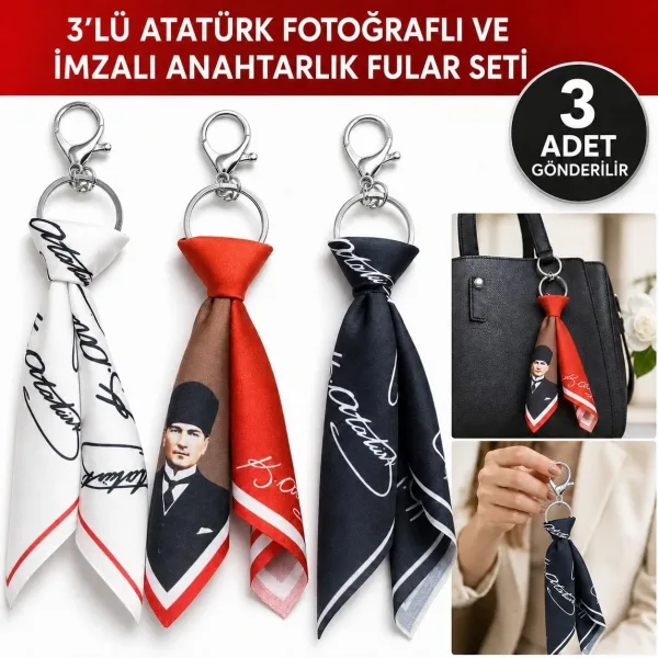 Tarzınıseç 3'lü Atatürk İmzalı Fular Anahtarlık Seti Çanta Aksesuarı Tarzınıseç 3'lü Atatürk İmzalı Fular Anahtarlık Seti Çanta Aksesuarı