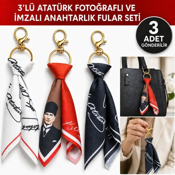 Tarzınıseç 3'lü Atatürk İmzalı Fular Gold Anahtarlık Seti Çanta Aksesuarı Tarzınıseç 3'lü Atatürk İmzalı Fular Gold Anahtarlık Seti Çanta Aksesuarı