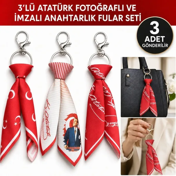 Tarzınıseç 3'lü Türk Bayraklı Atatürk Temalı Fular Anahtarlık Seti Çanta Aksesuarı Tarzınıseç 3'lü Türk Bayraklı Atatürk Temalı Fular Anahtarlık Seti Çanta Aksesuarı