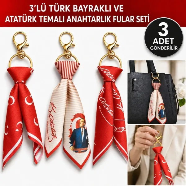 Tarzınıseç 3'lü Türk Bayraklı Atatürk Temalı Fular Gold Anahtarlık Seti Çanta Aksesuarı Tarzınıseç 3'lü Türk Bayraklı Atatürk Temalı Fular Gold Anahtarlık Seti Çanta Aksesuarı
