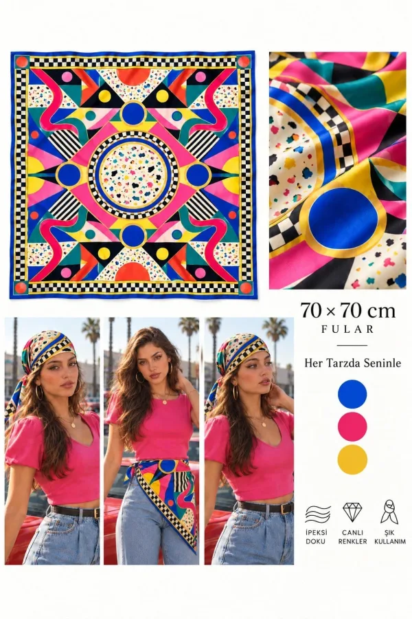Tarzınıseç Seksenler Retro Dama ve Geometrik Desenli Fular 70 x 70 cm Tarzınıseç Seksenler Retro Dama ve Geometrik Desenli Fular 70 x 70 cm