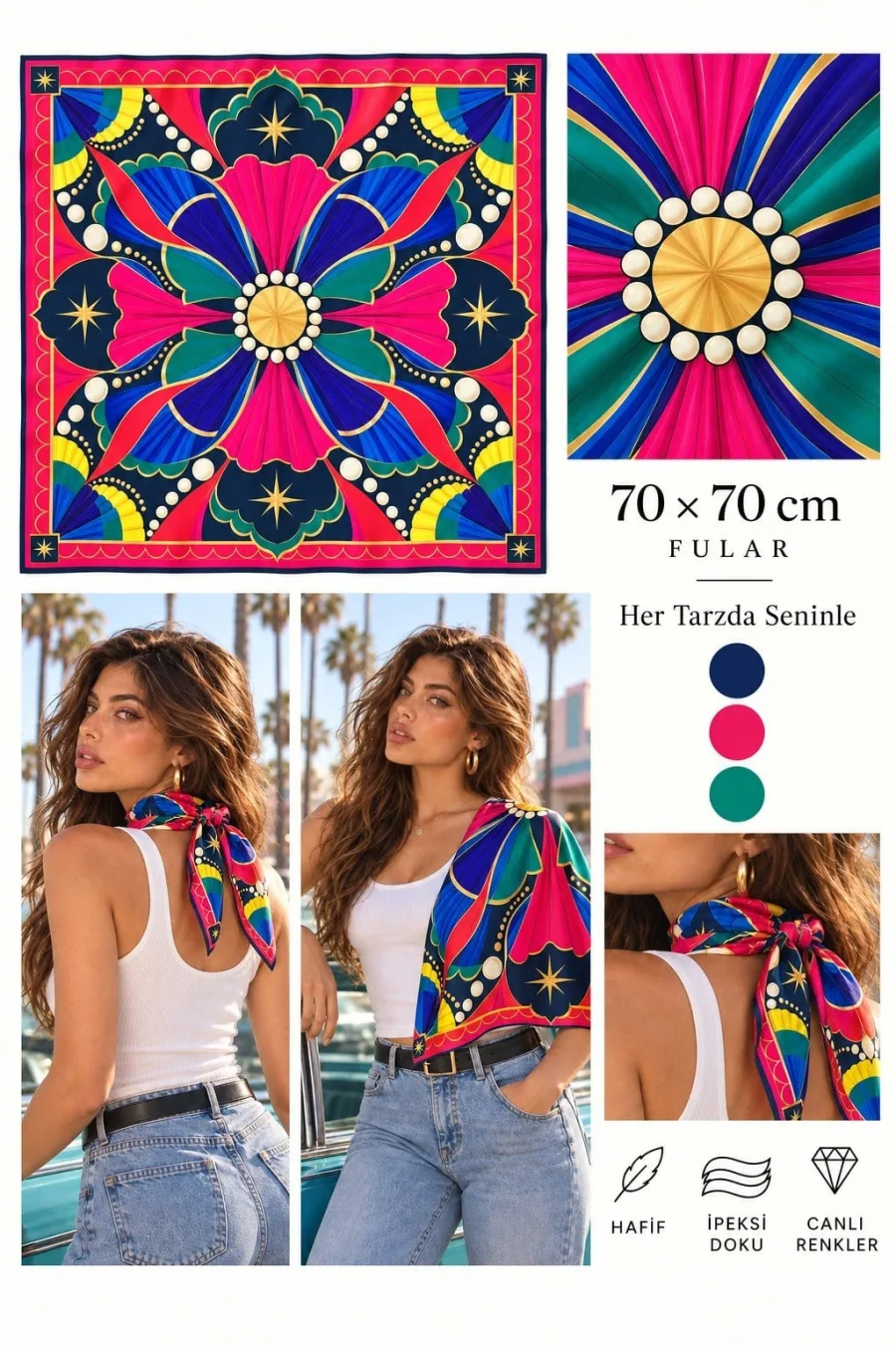 Tarzınıseç Seksenler Retro İnci ve Yelpaze Desenli Fular 70 x 70 cm