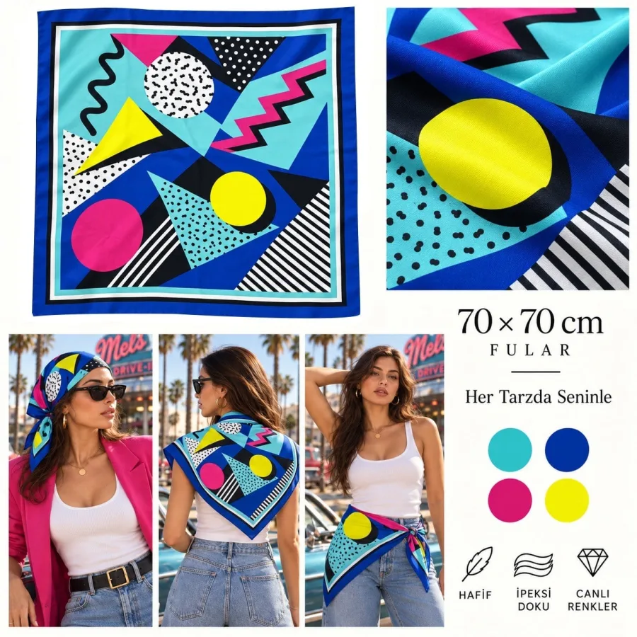 Tarzınıseç Seksenler Retro Neon Geometrik Desenli Fular 70 x 70 cm