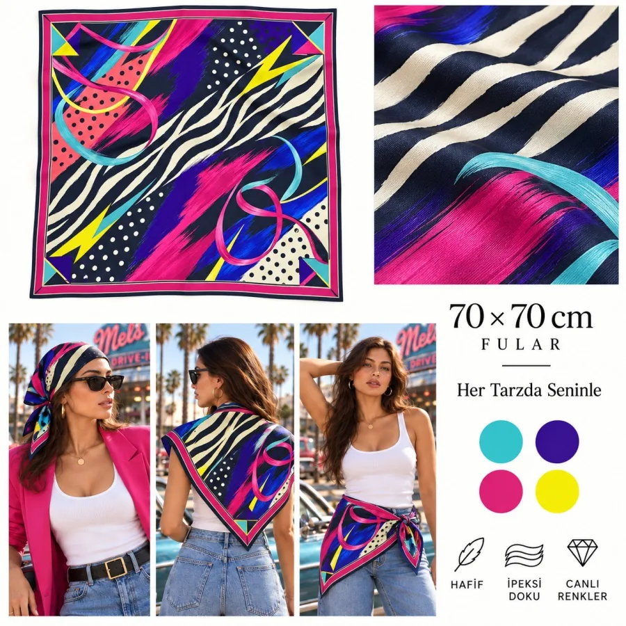 Tarzınıseç Seksenler Retro Zebra Desenli Fular 70 x 70 cm
