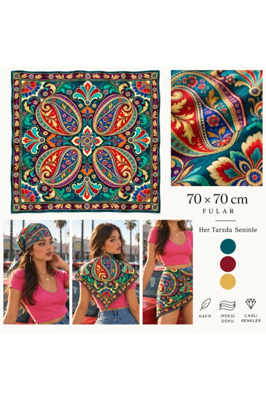 Tarzınıseç Seksenler Retro Zümrüt Şal Desenli Fular 70 x 70 cm