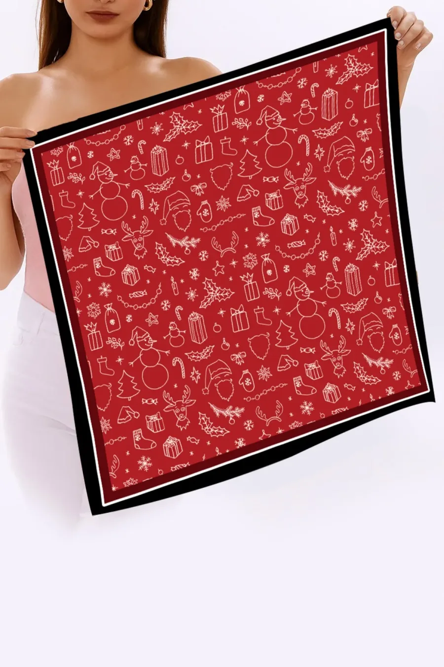 Yeni Sezon Yılbaşı Desenli Bandana Fular Yeni Yıl Hediyesi Şal Estascarf 70x70 Cm