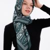 Yeşil Vintage Desenli Desenli Şifon Saten Eşarp - 100x100 cm