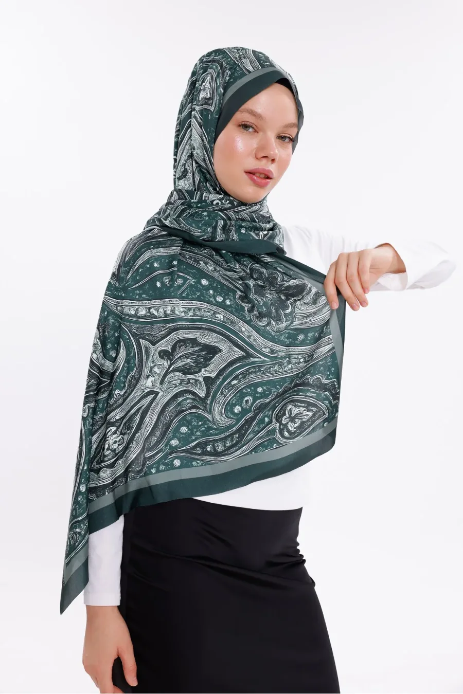 Yeşil Vintage Desenli Desenli Şifon Saten Şal - 70x170 cm