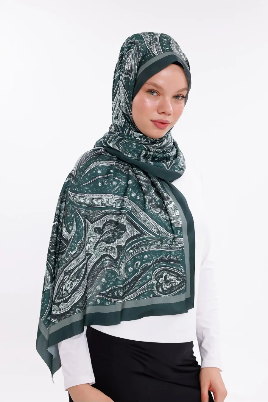 Yeşil Vintage Desenli Desenli Şifon Saten Şal - 70x170 cm