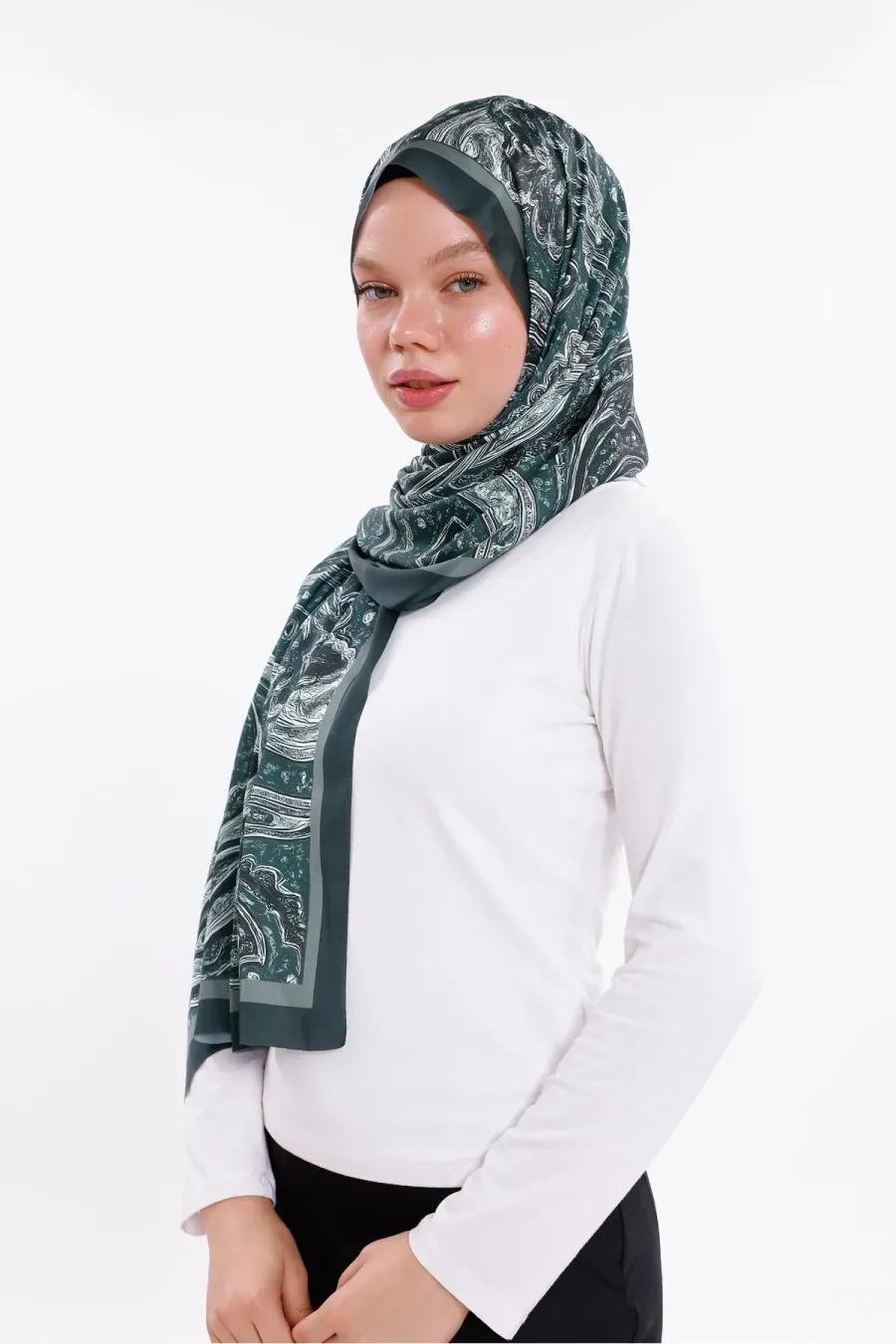 Yeşil Vintage Desenli Desenli Şifon Saten Şal - 70x170 cm