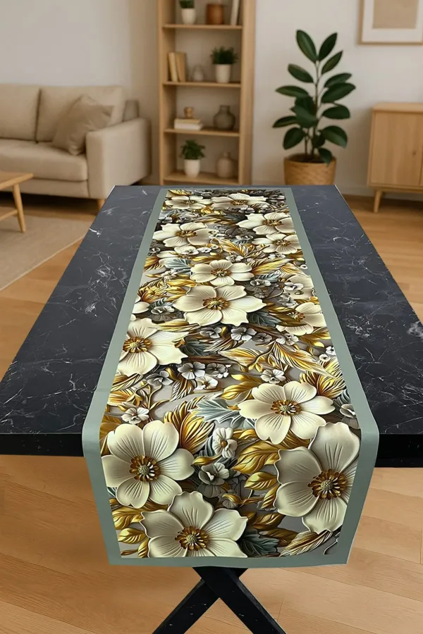 Zambak Işıltısı – 3D Çiçek Desenli Masa Runner & 4'lü Supla Takımı