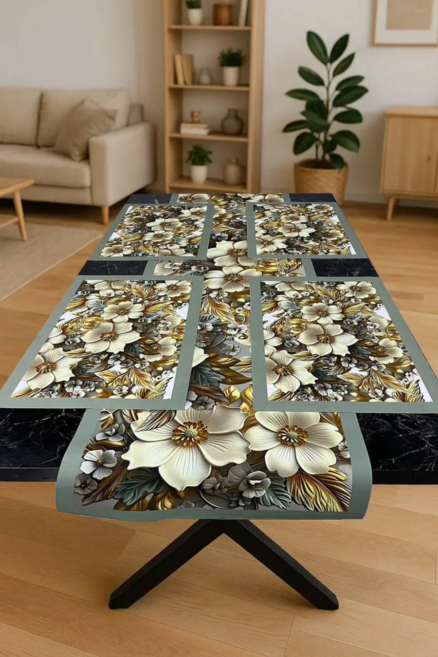 Zambak Işıltısı – 3D Çiçek Desenli Masa Runner & 4'lü Supla Takımı Zambak Işıltısı – 3D Çiçek Desenli Masa Runner & 4'lü Supla Takımı