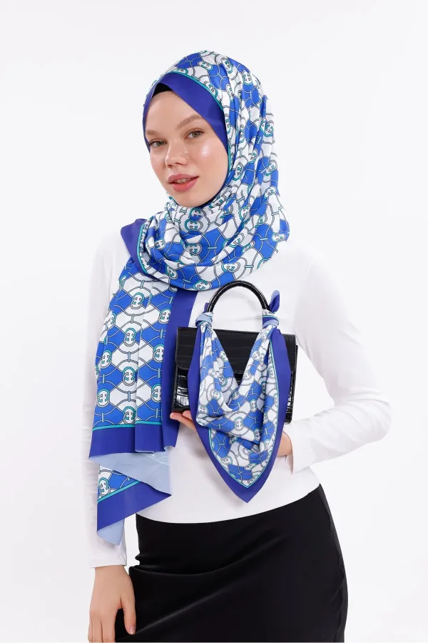 Zincir Desenli Mavi Şifon Saten Şal - 70x170 cm Zincir Desenli Mavi Şifon Saten Şal - 70x170 cm