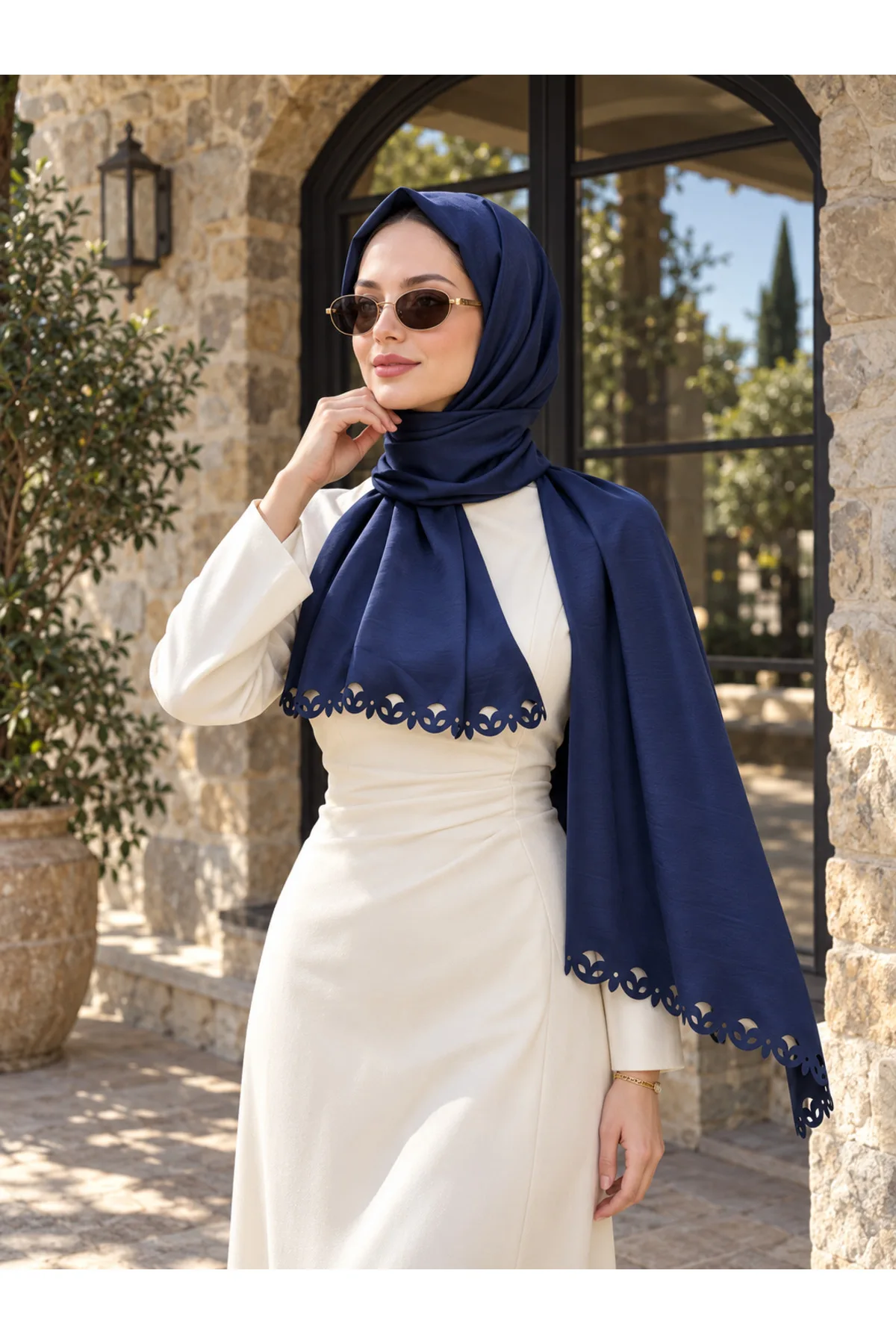 Tarzını Seç Dantel Oya Kesim Kıvrım Motif Şal Lacivert 75 x 200 cm