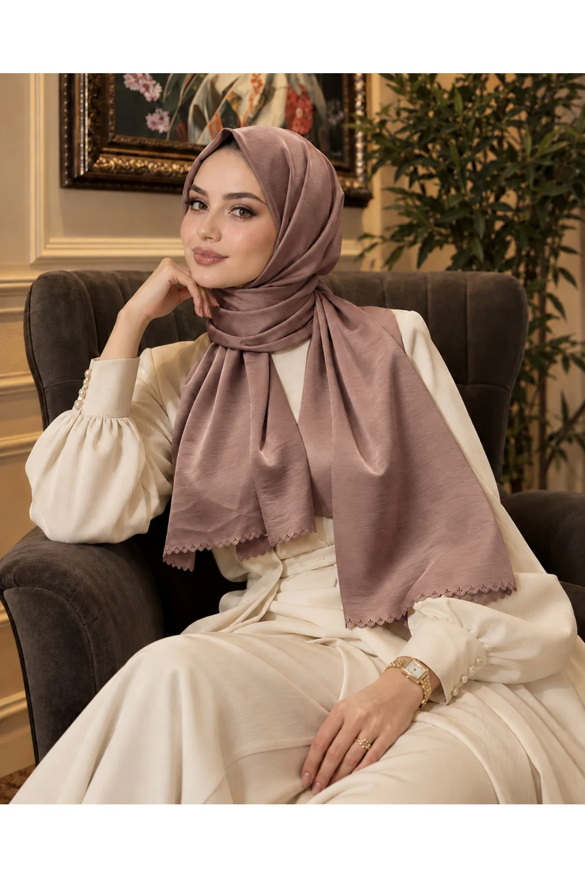 Tarzını Seç Dantel Oya Kesim Çiçek Taç Motif Şal Gül Kurusu 75 x 200 cm