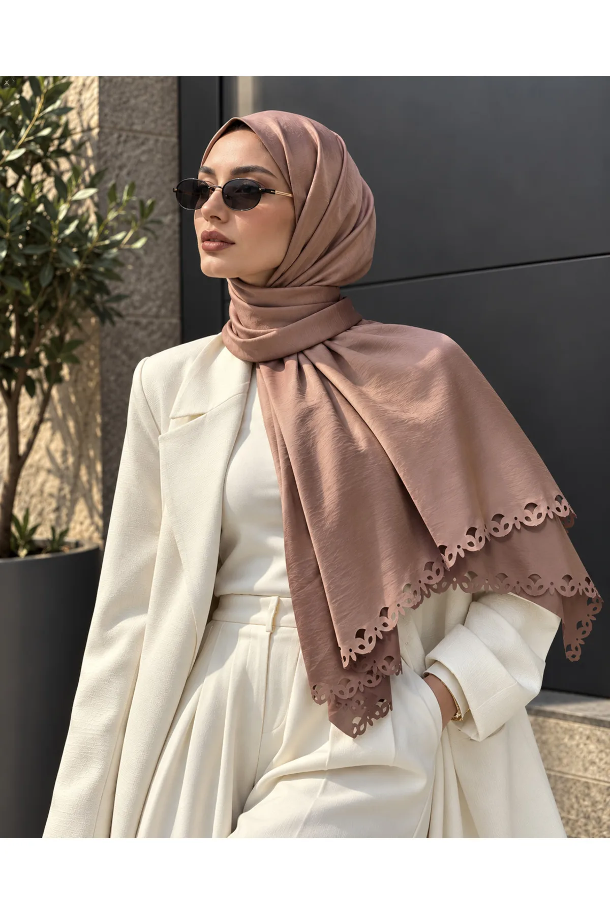 Tarzını Seç Dantel Oya Kesim Kıvrım Motif Şal Gül Kurusu 75 x 200 cm