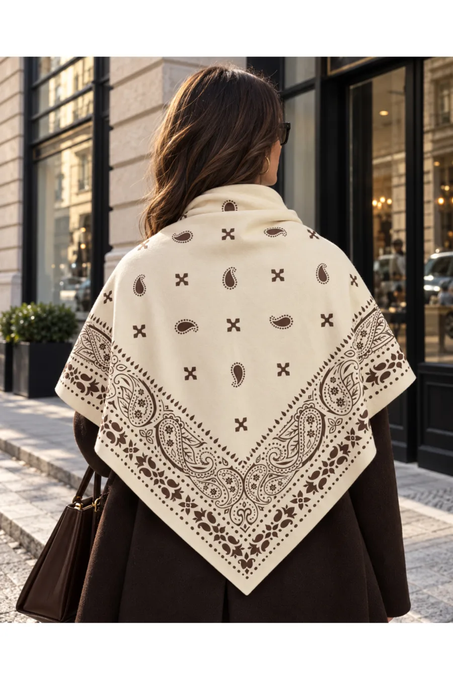 1_org_zoom-80 Tarzını Seç Paisley Desen Çift Taraflı Krem Rengi Polar Üçgen Atkı Fular 150x75 cm